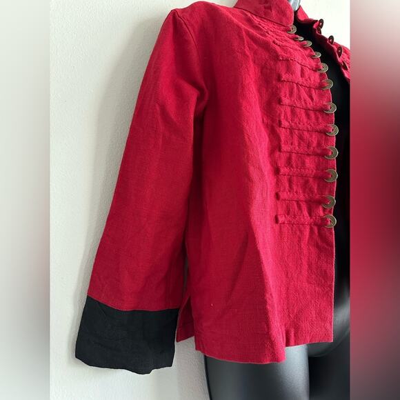 Peacock Ways Lagenlook Red Ramie Band Jacket M – Crescent Toggles, Black Cuffs - Picture 3 of 8